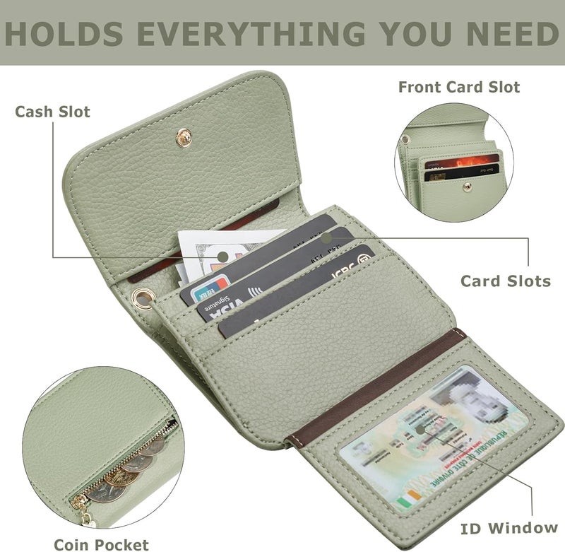 Sunpour Women Small Wallet RFID Blocking Slim Wallet with Coin Pocket Tri-Fold Credit Card Holder with ID Window and Keychain(Light Green) - Image 2
